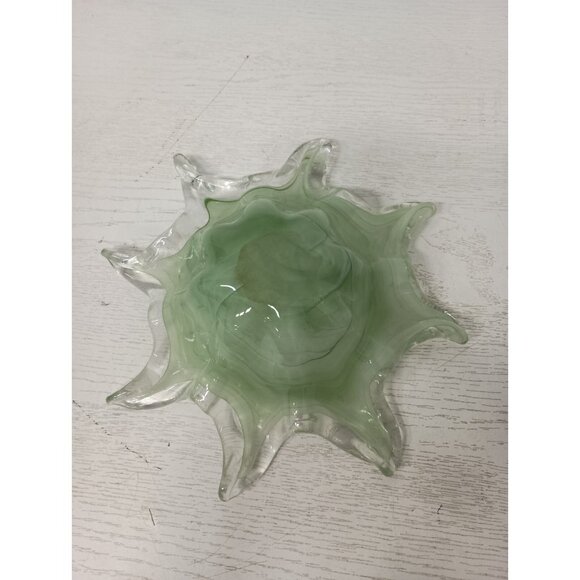 Vintage Ballantine Hand Blown Green Art Glass Iridescent Swirl Flower Candy Bowl - Picture 6 of 8